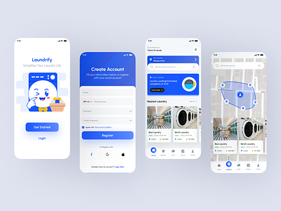 Laundrify - Laundry Mobile App app app design blue branding cart clean cleaning cleaning service find service grocery home laundry app laundry mobile app logo mobile app nearby ui ui mobile wash wash app