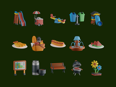 3D Picnic Icon 3d barbecue bbq bench flower food food basket fountain hotdog icon outdoor park picnic playground see saw slide thermos trash