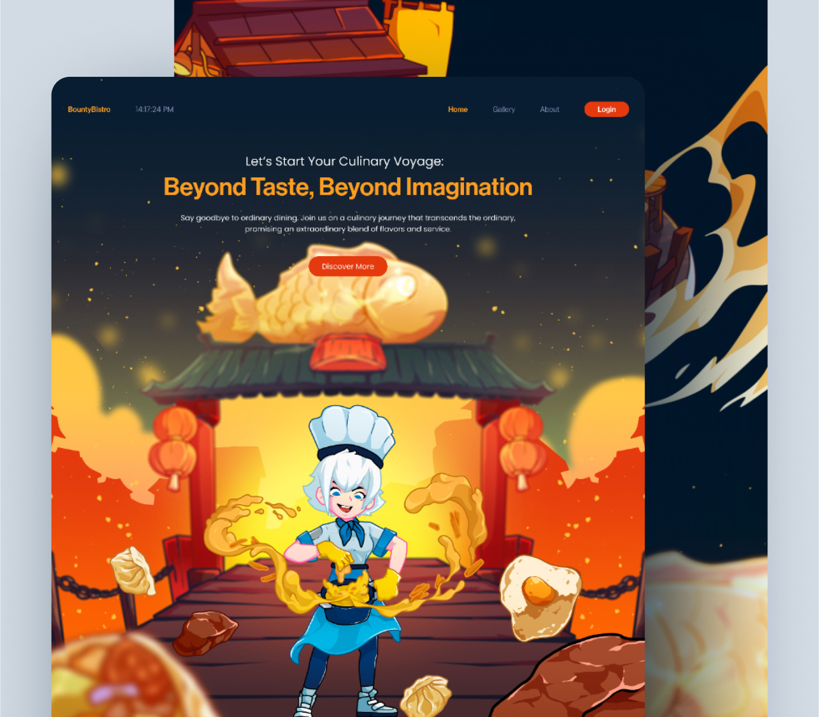 BountyBistro - Landing Page Illustration animation character design chef design illustration interactive mascot mascot character night restaurant ui ui illustration uiux web animation web design website