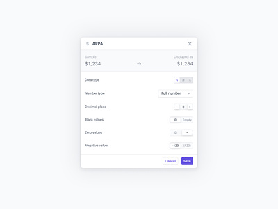 Format Modal | SaaS Fintech b2b cells clean design components drivetrain fintech format millions modal numbers saas stats table ui design