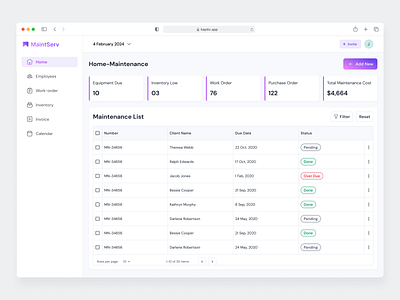 MaintServ- Maintenance Service dashboard design maintenance product saas service ui ui design