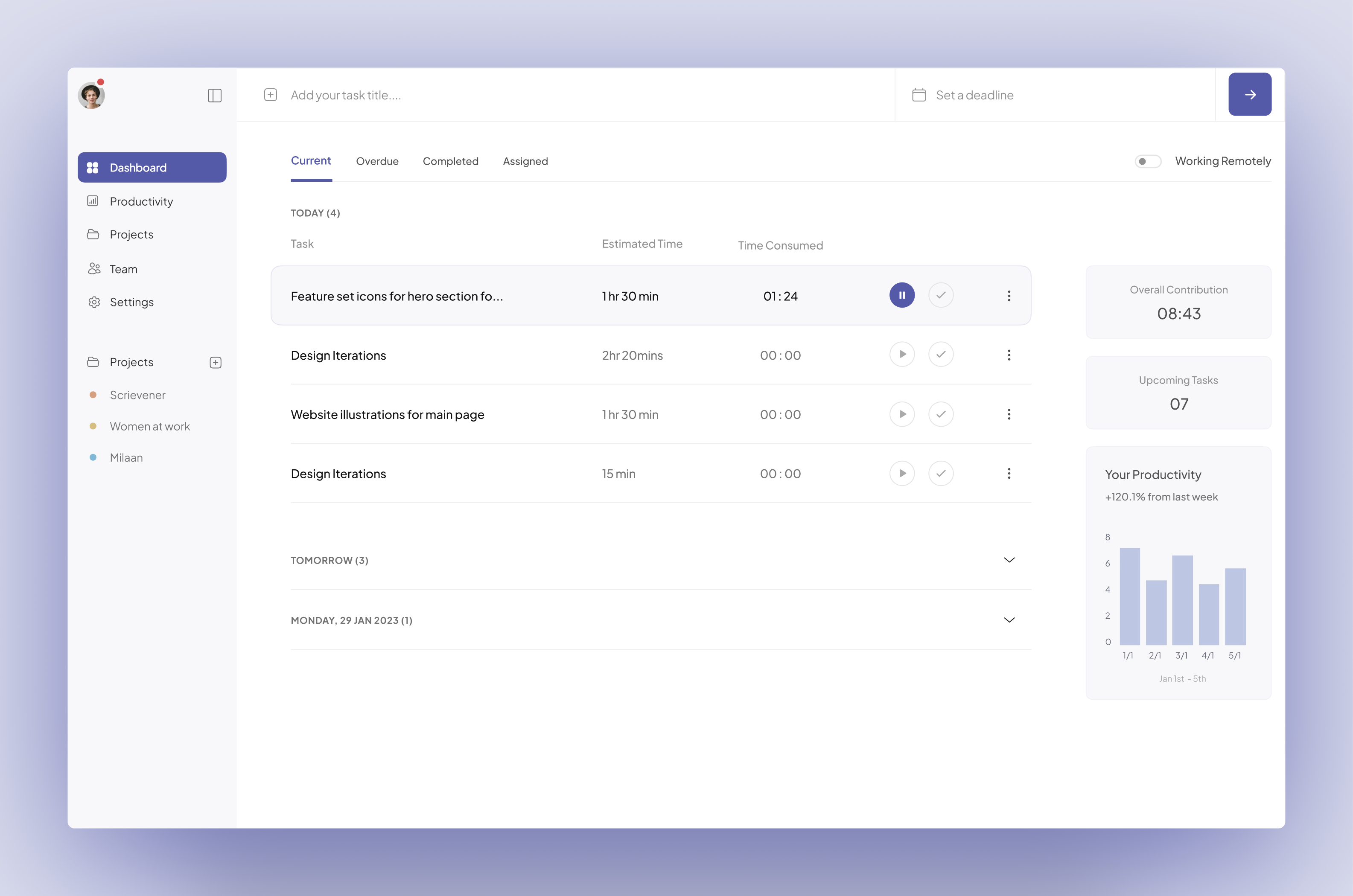 Task Tracking Productivity App minimal productivity task ui web
