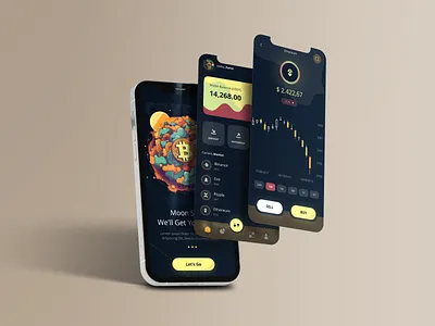 Crypto App app design bitcoin cool design crypto cryptocurrency dark theme energetic forex illustration trade ui ui design uiux ux design wallet yellow