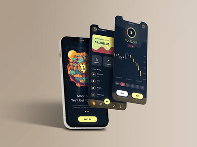 Crypto App app design bitcoin cool design crypto cryptocurrency dark theme energetic forex illustration trade ui ui design uiux ux design wallet yellow