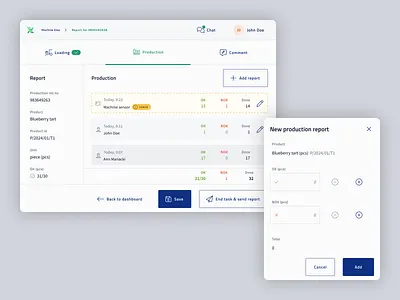 Nexelem - Reporting production accessability data visualization design floor worker interface modal window production production system report reporting small screen split screen tabs touchable ui usability user experience ux worker