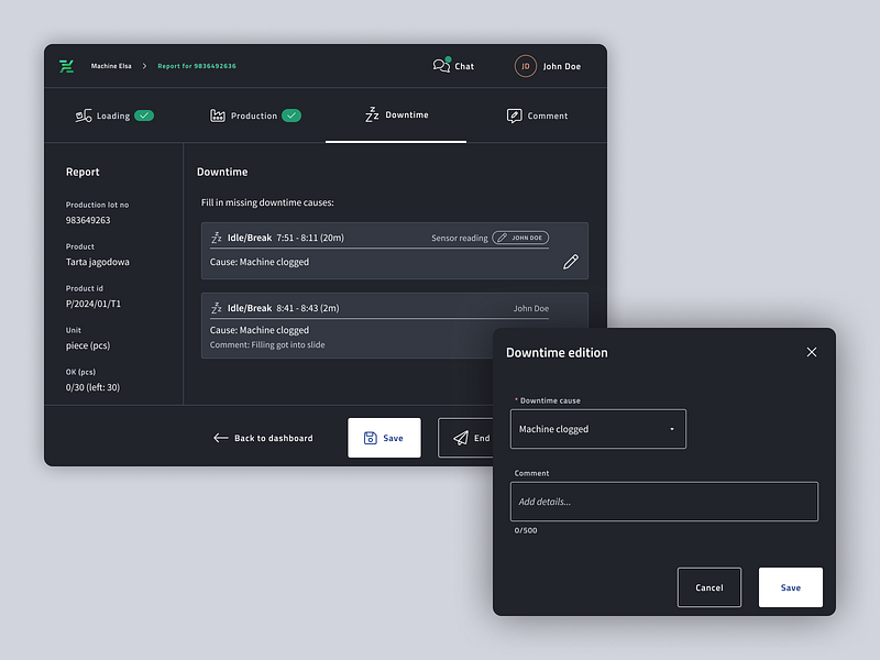 Nexelem - Reporting production downtime dark mode dark theme design interface manufacturing modal window production report reporting process small screen split screen ui usability user experience ux