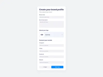 Creation Your Brand Profile Settings create account dashboard dashboard card design design system equal fill info lightbox mobile pop up product design profile profile creation ui ui trends upload image userexperience userinterface ux widget