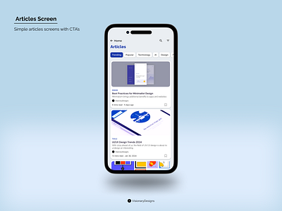 Articles Listing Screen app articles blog blue bookmark branding card design figma graphic design illustration listing logo mobile phone typography ui vector