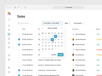 Vendy - Date picker button component control dashboard date design system dropdown filter interaction library navigation pattern picker product design saas search symbol ui ux web app