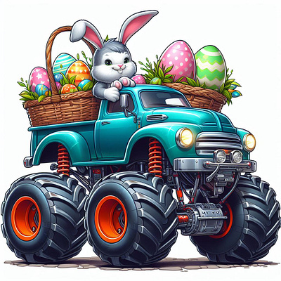 Easter Bunny With Monster Truck 3d animation branding design graphic design illustration logo merch by amazon motion graphics typography ui ux vector
