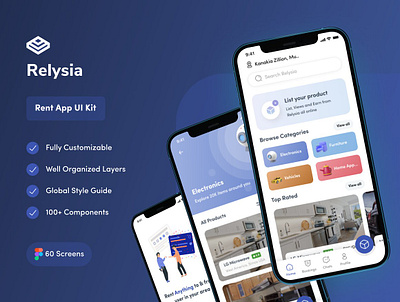 Relysia-Rent Anything IOS App UI KIT android design app design figma ios design layered ui rent app ui design ui kit