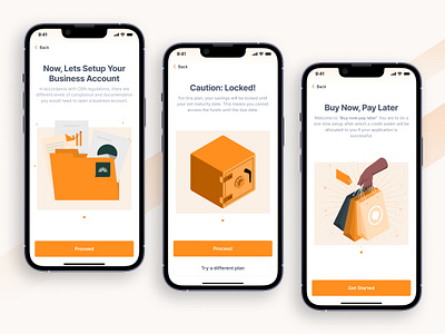 Walkthrough screens app bank business design illustration investment loan mobile onboarding savings tech ui walkthrough