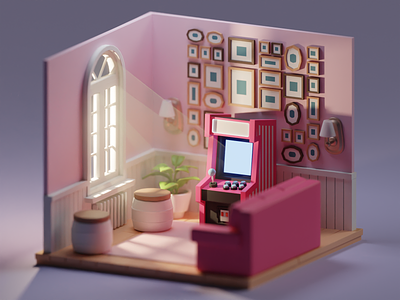 Arcade Living Room Morning 3d arcade b3d blender gaming illustration isometric living room low poly render room