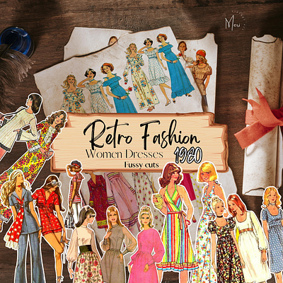 Retro fashion women's dresses 1980 clipart branding clipart design ephemera graphic design illustration junk journal scrapbook