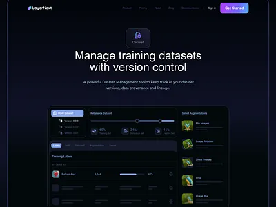 LayerNext Dataset Manager-Landing Page artificial intelligence dark mode landing page website
