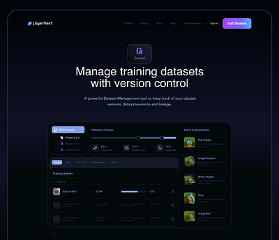 LayerNext Dataset Manager-Landing Page artificial intelligence dark mode landing page website