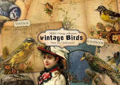 vintage birds junk journal kit branding clipart design ephemera graphic design illustration junk journal scrapbook