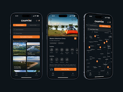 CAMPFIRE ‒ Your Ultimate Camping Companion adventure app design booking branding design digital design figma graphic design ios logo mobile app travel ui user experience user interface ux visual design