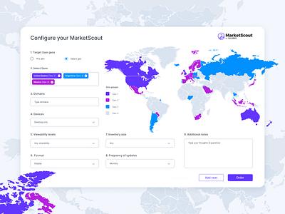 Market Scout Configurator appdesign b2b b2bdesign configurator creative design figma illustration interface onlineadvertising productdesign publishers ui ux webapp webdesign yieldbird