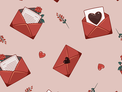 Love Letters - seamless pattern adorable bridal bright background correspondence cute date envelope floral flowers heart letters love lovers mail red rose seamless pattern valentines wedding wrapping paper