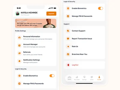 My Profile - Mobile Banking App bank barner fintech floating investment mobile app navbar profile savings settings tech ui