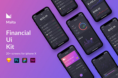 Malta Financial IOS app UI Kit analytics android apps clean design dark theme design design pack finance gradient ios kit pack malta financial ios app ui kit minimal design mobile mockup modern design trendy design ui ui kit ux