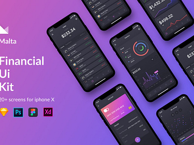 Malta Financial IOS app UI Kit analytics android apps clean design dark theme design design pack finance gradient ios kit pack malta financial ios app ui kit minimal design mobile mockup modern design trendy design ui ui kit ux