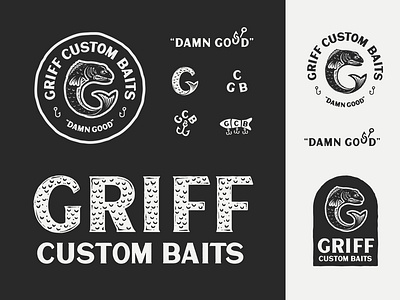 Griff Custom Baits Brand Pack badge bait brand pack branding fish fish hook fishing hook identity illustration logo logo badge logo pack mark vector