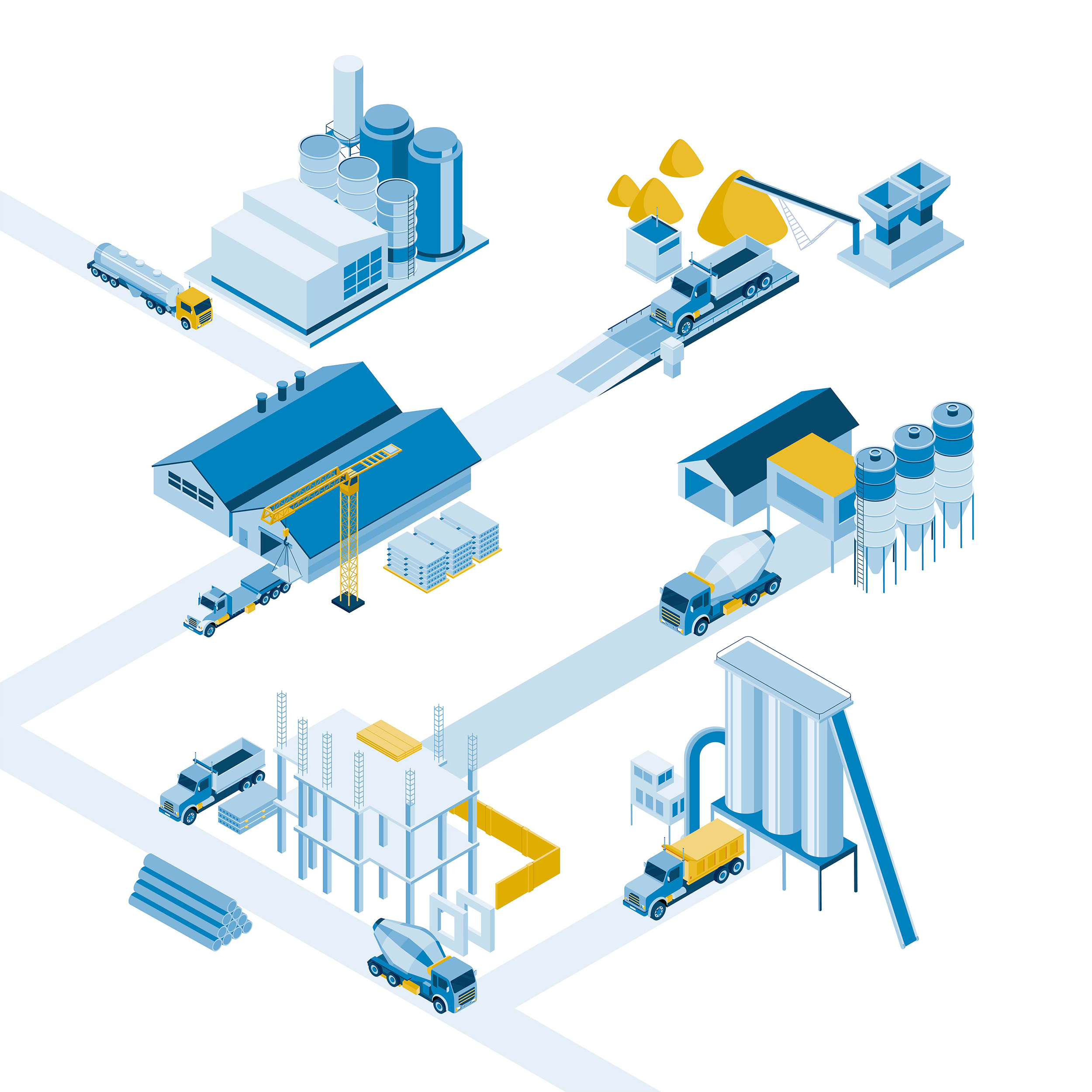 Isometric construction ecosystem design branding building color colorful construction crane design ecosystem graphics illustration isometric road silos site truck trucks vector