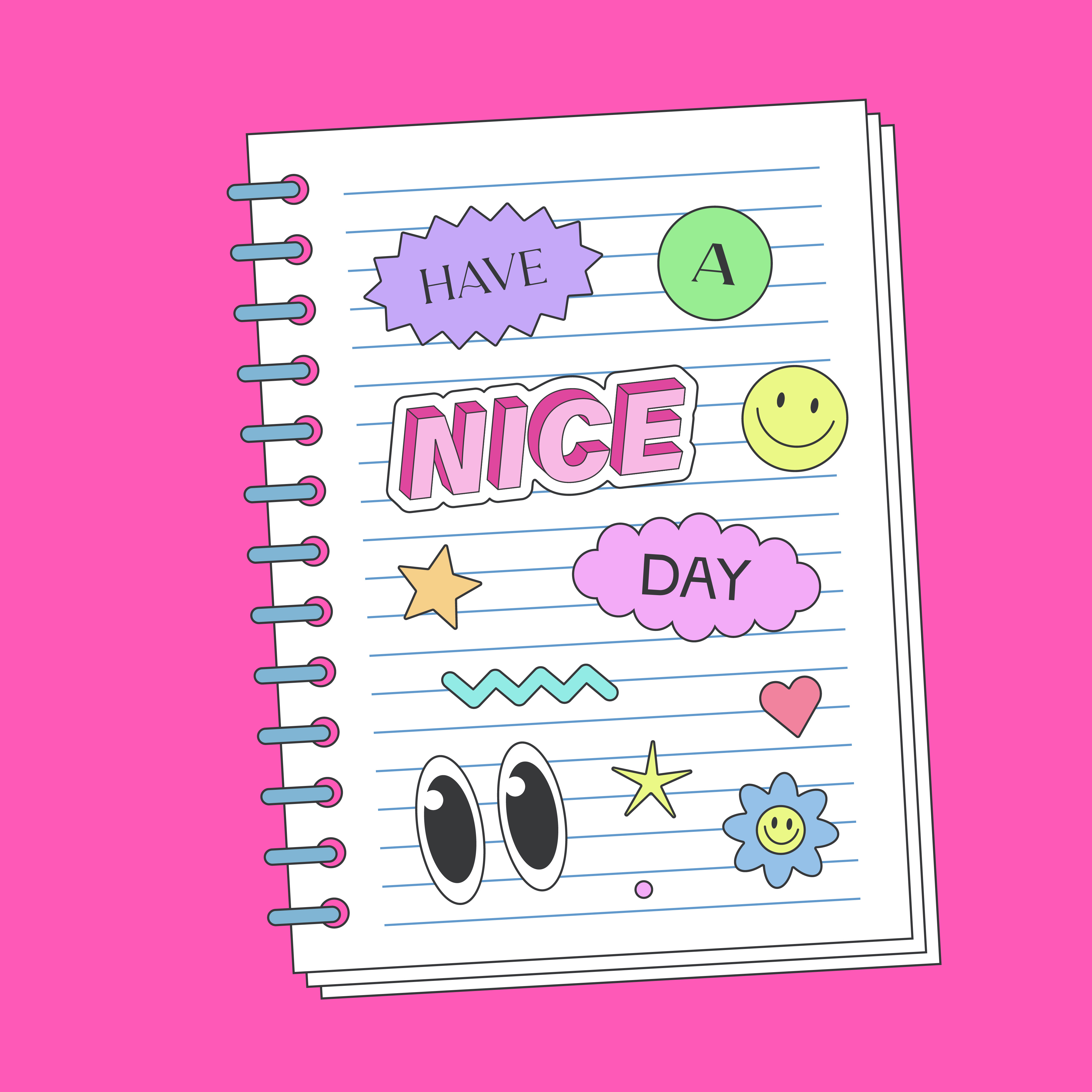 Have A Nice Day Pop Art Stickers Collage. Y2K Groovy Illustation 90s abstract art bright collage comic cool design eyes flower funny groovy illustration notebook patch smile sticker trendy ui y2k