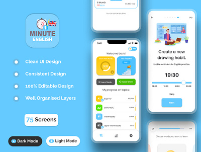 💎 English Learning App - One Minute Academy - Mobile App Design english learning app figma design language learning app mobile app mobile app design product design ui ui design ui designer ux ux design ux designer web design