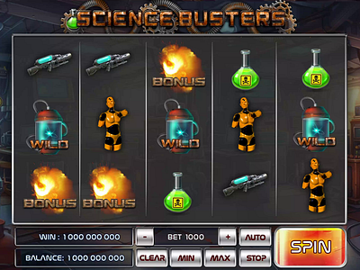 Striking ‘Science Busters’ Slot — WILD Animation animation bonus animation casino games experiments fireball futuristic graphic design laboratory motion graphics science slot animation slot reels steam punk themed test tube ui wild animation