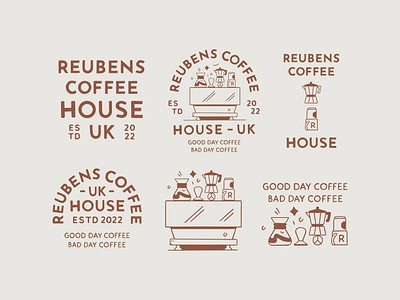 Reubens Coffee Shop Logo System branding cafe logo coffee branding coffee icons coffee logo coffee machine coffee shop branding coffee shop logo illustration logo design mug illustration typography typography logo vintage logo