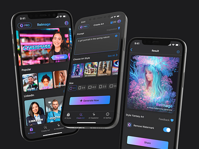 ReImage – AI Photo Editor & Art Generator ai ai app ai avatar ai generator ai mobile app ai style app design app store app application design black theme interface ios minimalist mobile design motion graphics product design trend design ui uiux ux