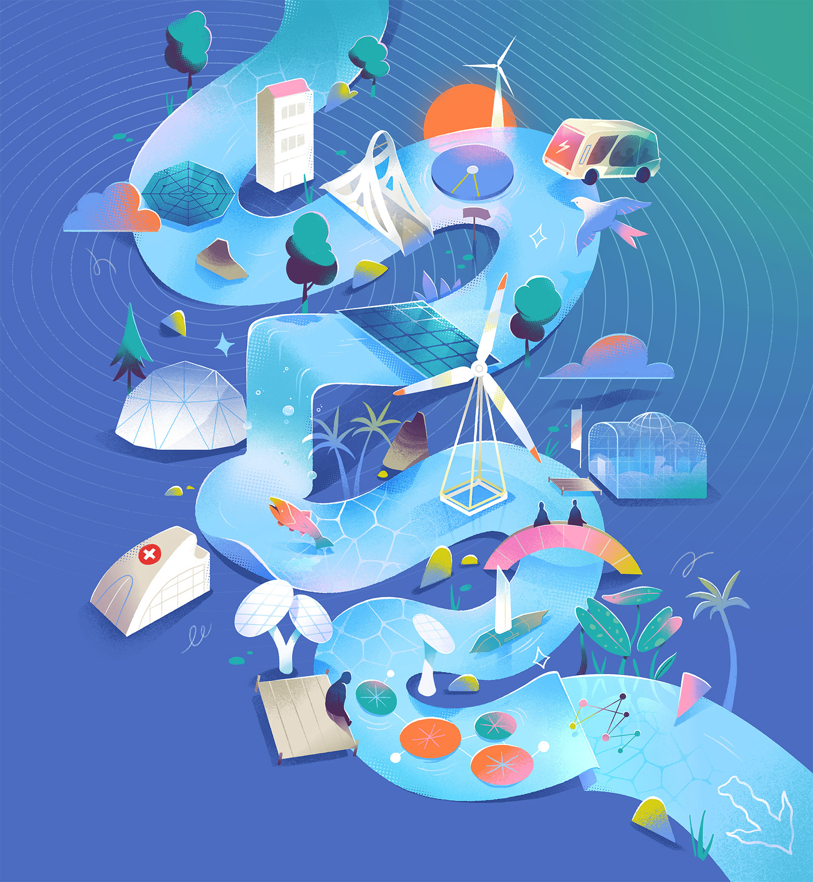 Flow ecology europe future illustration magazine nature river sustainable technology transition