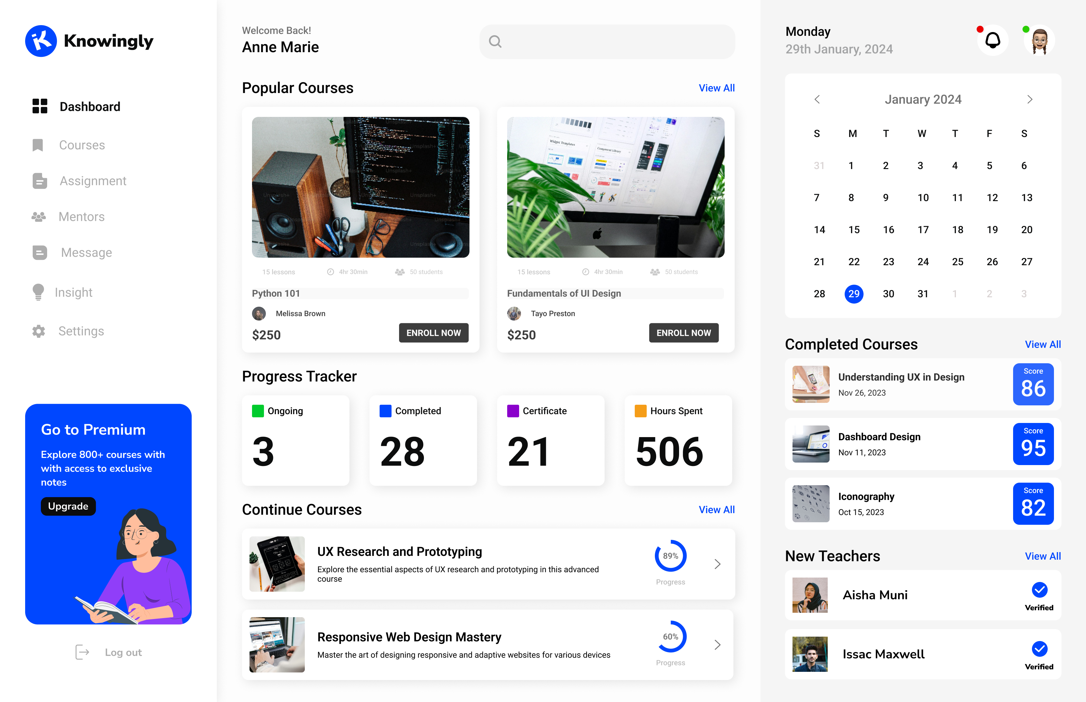 KNOWINGLY E-Learning Dashboard by Omotayo Preston on Dribbble