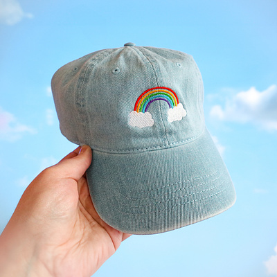 Rainbow Embroidered Denim Hat cloud denim design embroidered embroidery hat illustration pride rain rainbow sky weather