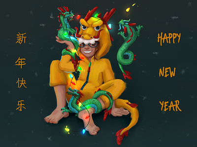 Happy Chinese New Year! card character characterdesign design dragon girl green illustration newyear postcard yellow