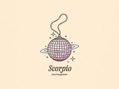 Zodiac Signs As Ornaments: Scorpio 70s adventure apparel graphic astrology botanical brand assets brand identity design disco disco ball earth design flowers illustration mirrori ball planet saturn scorpio space vintage zodiac