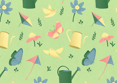 Spring pattern bird blue butterfly colors digital digital illustration flower green illustration kite nature pattern pattern design pink seamless pattern seasons spring surface pattern design watering can yellow