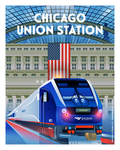 Chicago Union Station Poster for AmTrak amtrak art deco chicago illustration locomotive poster train transportation