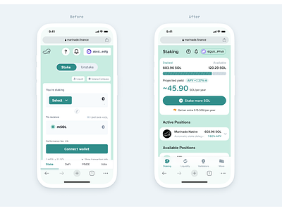 Marinade - Before/After App animation branding illustration logo solana ui ux uxui webapp webdesign