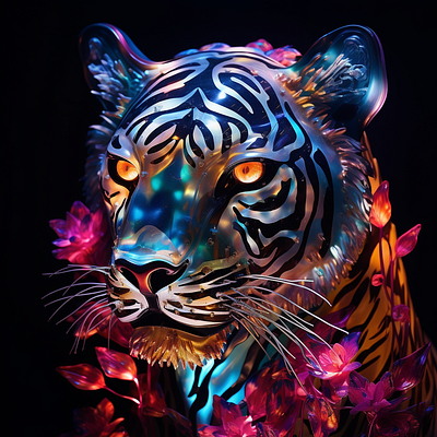 Prompt - Dreamy tiger in jungles 3d ai avatar chatgpt crypto dalle generated holo illustration iridescent jungle midjourney neon night prompt prompting for likes render stable diffusion tiger web3