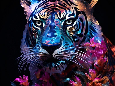 Prompt | Dreamy tiger in jungles 3d ai ai art animal c4d cat eyes forest holo illustration iridescent jungle midjourney night poster prompt prompting for likes realistic tiger wild