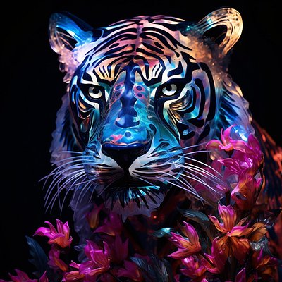 Prompt | Dreamy tiger in jungles 3d ai ai art animal c4d cat eyes forest holo illustration iridescent jungle midjourney night poster prompt prompting for likes realistic tiger wild