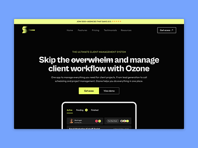 Ozone - Client Management SaaS Website client management contrasting daily ui dark theme grotesk hero hero section landing page modern neon saas saas website saas website design ui ux web design website