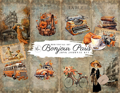 Bonjour paris junk journal kit branding clipart design ephemera graphic design illustration junk journal scrapbook