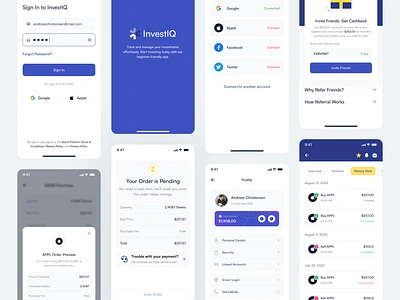 InvestIQ - Investment & Stock Mobile App app button design history investment list mobile mobile design onboarding pixlayer pop up referral screen splash screen stock ui ui kit ui8