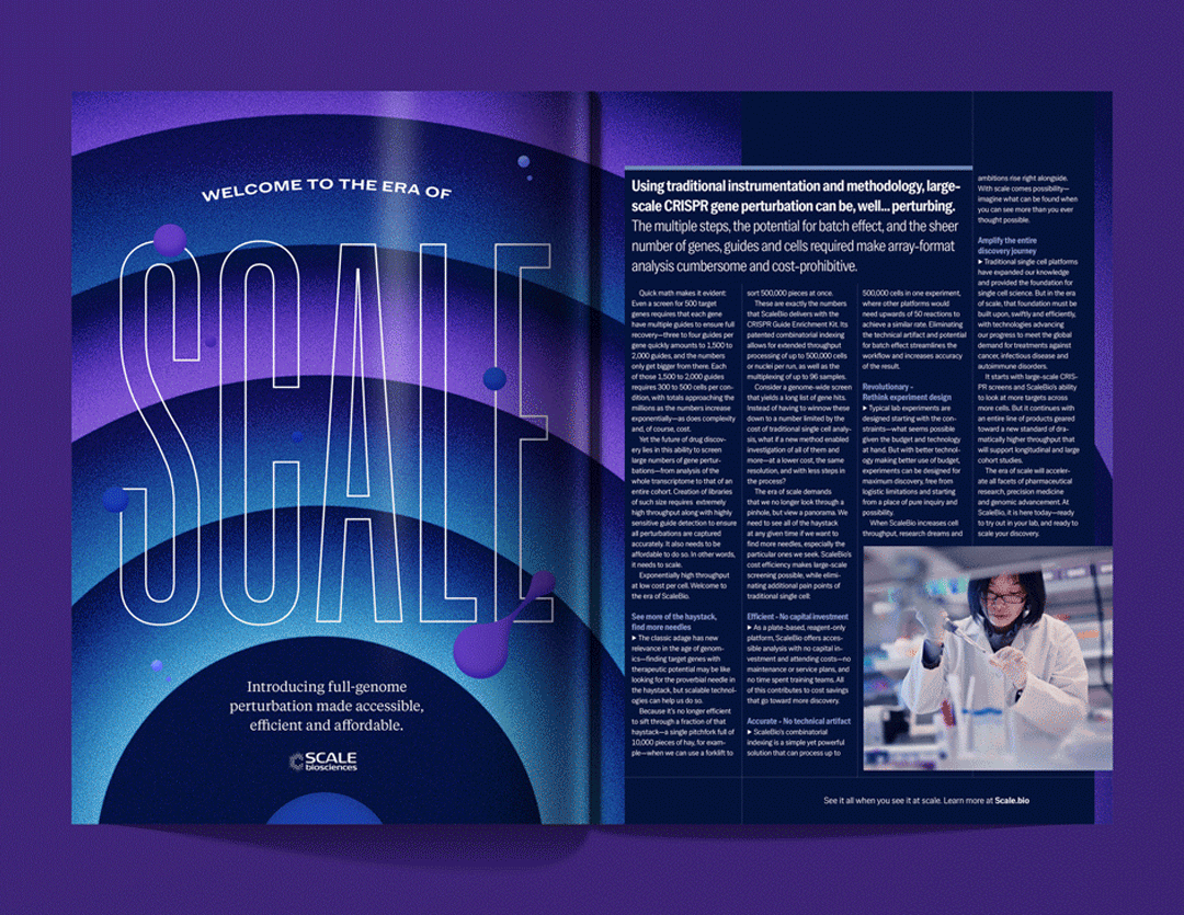 Scale Biosciences (Advertorial) advertising blue branding cells custom dark editorial education graphic design illustration layout logo photography print purple research retouching science typography