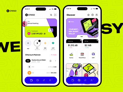 Creso - Web3 APP🔥 app banking btc crypto design discover eth exchange finance fintech smart smart wallet tether trend ui uidesign uiux wallet web3